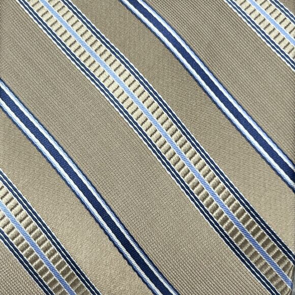 Michael Kors Mens Neck Tie Necktie Silk Tan Blue White Stripes 59” L 3.5” Gifts - Picture 5 of 9